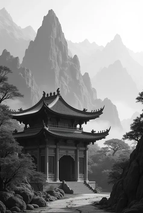 Chinese realistic black and white temple to look like it has mountains behind it and that is HD