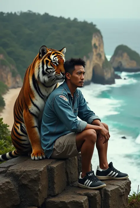 A skinny Indonesian man in a jeans shirt torn at the knee of an Adidas shoe is sitting leaning on a tiger on a large and high rock by the beautiful beach 