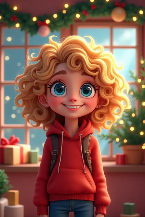 Streamer dirty blonde curly hair girl with Christmas room blue eyes cartoon 