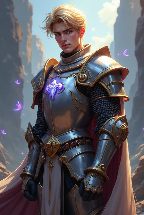 Blonde man, purple eyes, knight armor, healer, handsome, short hair, 16k, uhd, masterpiece