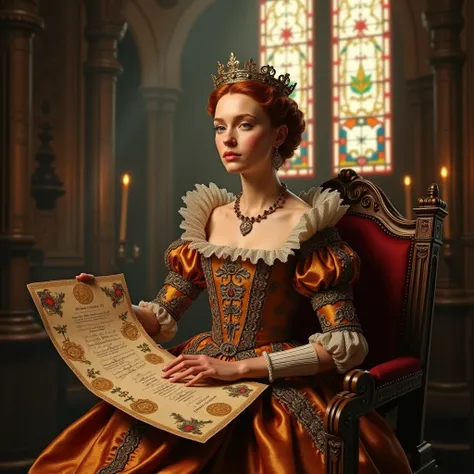 (photorealism:1.2), young Queen Elizabeth I, wearing a colourful dress, sitting in a brightly lit cathedral. She is presenting a handful of large fancy royal certificates with many signatures and beautiful calligraphy