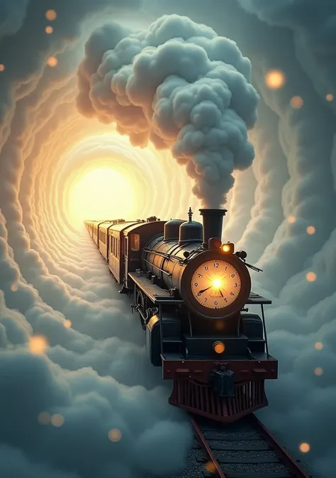  The The image shows a steam train moving at high speed through a tunnel of luminous clouds,  that evoke a surreal and magical atmosphere . Next,  describe the details :

    The train :
         It is a classic steam train with an old design ,  in dark to...