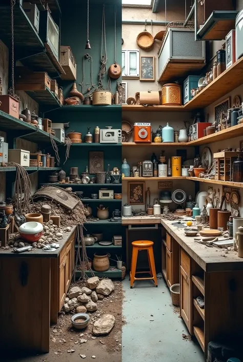 An image divided in two :  one side represents a repository of discarded objects and the other side is a creative space,  with tools and refurbished objects  (horizontal image)