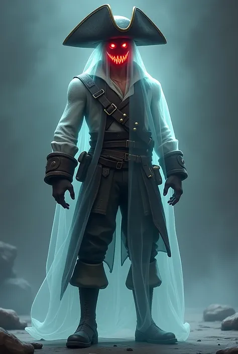  to create an image of a ghost pirate .  His drawing style is like a character from the game Fortnite . He wears a wide pirate hat ,  his face is semi-transparent like a red glow in his eyes and face of evil.  his clothes are worn out and are what a pirate...