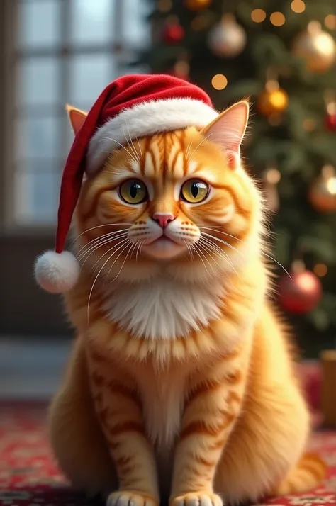 Royal yellow cat with white yellow eyes and Christmas hat