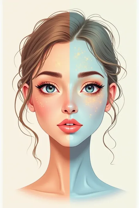 A female face divided into ,  quadrants with each part representing a skin type  (dry, oily, mistake, Normal).
	 • A color wheel or infographic illustrating the four skin types with visual explanations.