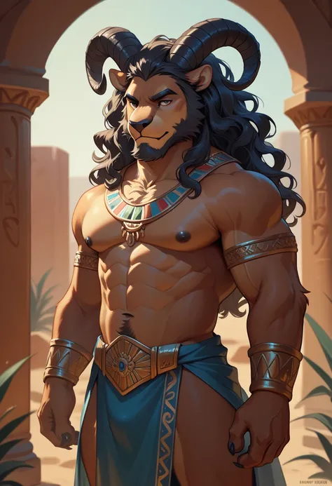 solo, furry male, black ram, long black wavy hair, black beard, desert clothing, prince of persia costume, desert background