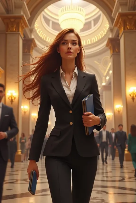  woman with long hair, working in a hotel