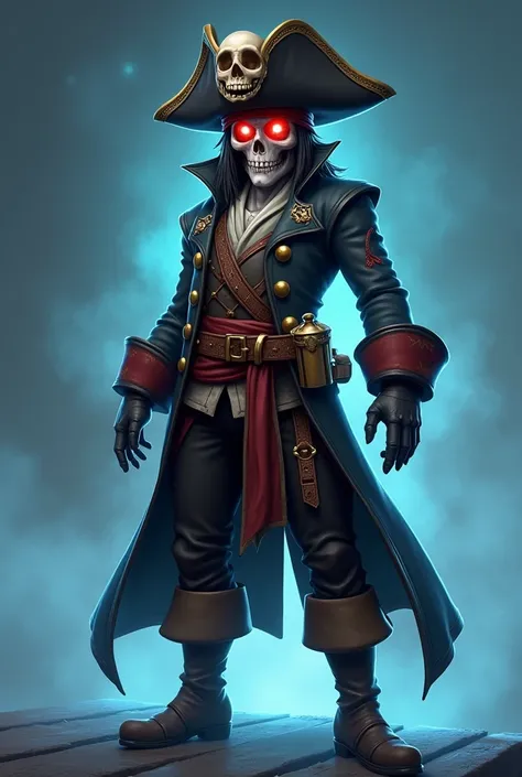  to create an image of a ghost pirate .  His drawing style is like a character from the game Fortnite . He wears a wide pirate hat ,  his face is semi-transparent like a red glow in his eyes and face of evil. His clothes are worn out and are what a pirate ...