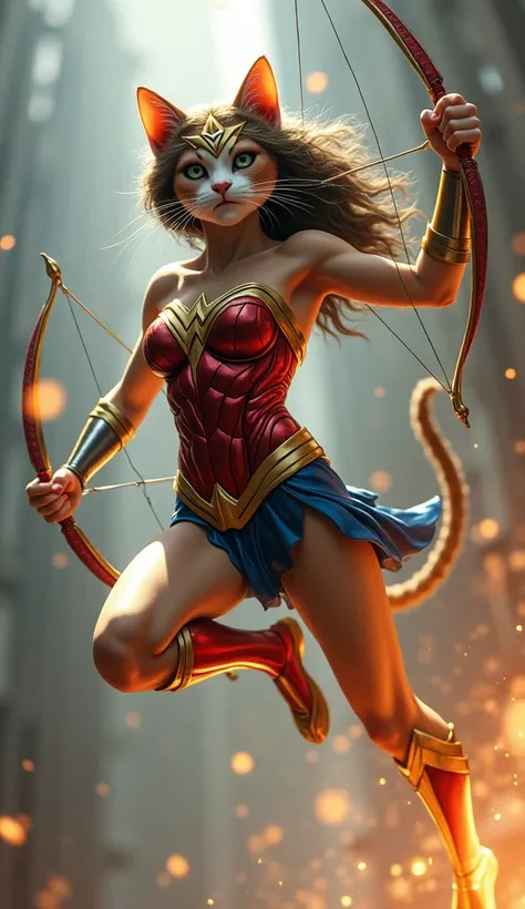 A cat with the head of a cat the body of a human dressed as a Wonder Woman jumping with a shiny gold bracelet and a bow in her hand 