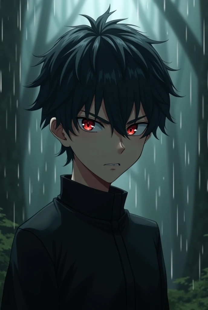  Young man with an angry look , handsome young student ,  short black hair,  with a red right eye and a green left eye,  with a cold and calculating look ,  in black dress ,  in the rain in a dark forest , High clarity , 3d anime type