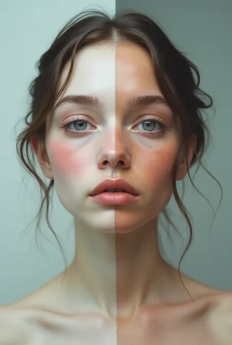 A female face divided into ,  quadrants with each part representing a skin type  (dry, oily, mistake, Normal).
