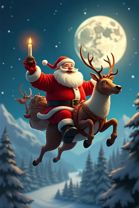 A papanoel holding a Christmas candle flying with his reindeer Rodolfo 