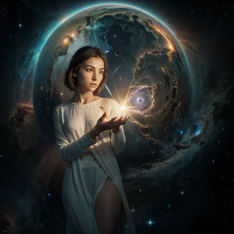 an androgynous figure ,  suspended in a cosmic nebula . Your skin,  of a luminous golden hue ,  radiates soft warmth .  Infinitely deep eyes ,  like two miniature galaxies ,  seem to penetrate the soul of the observer .  Wear a simple tunic ,  but elegant ...