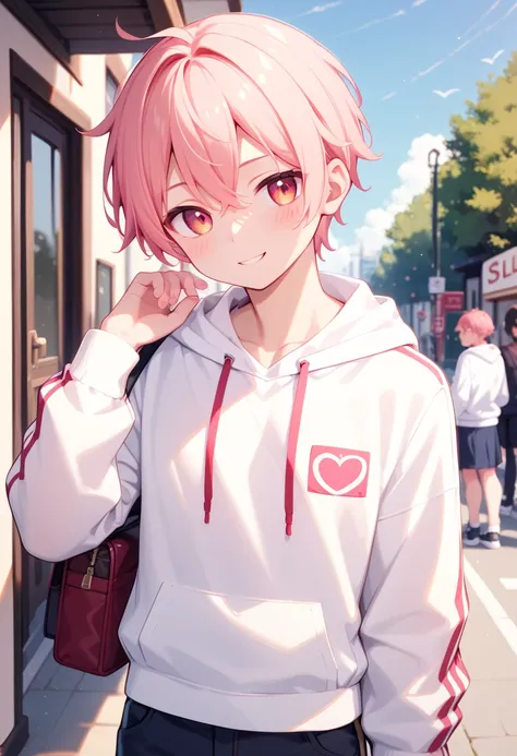 {{{masterpiece}}}, {{{best quality}}}, {{ultra-detailed}}, {illustration}, {{an extremely delicate and beautiful}}The smiling male character 、 white hoodie 、 is holding two hearts with both hands 。 is wearing a casual white shirt 、 and the background is a ...