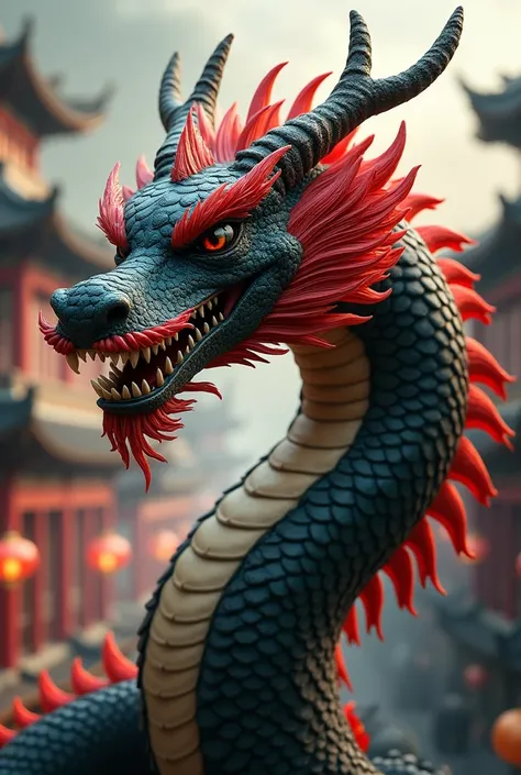 This is a portrait of a dragon with a powerful and remarkable appearance and posture, with the dragon being large and with clear details, seeing scales and letters, which are reminiscent of Asian legends or culture, bright colors such as black and red, whi...