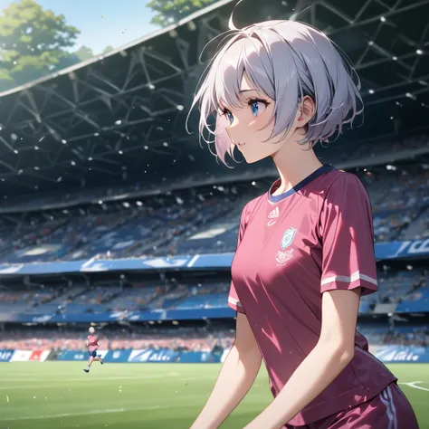  pretty girl,  perfect face, masterpiece,  ultra high resolution with forest background, High image quality, 4K, １A woman in her 30s,  full shot ,  Soccer Stadium , Start Running,  belly short cut hair ,  blue eyes,  silver hair,  slim,  small ass , ( smal...