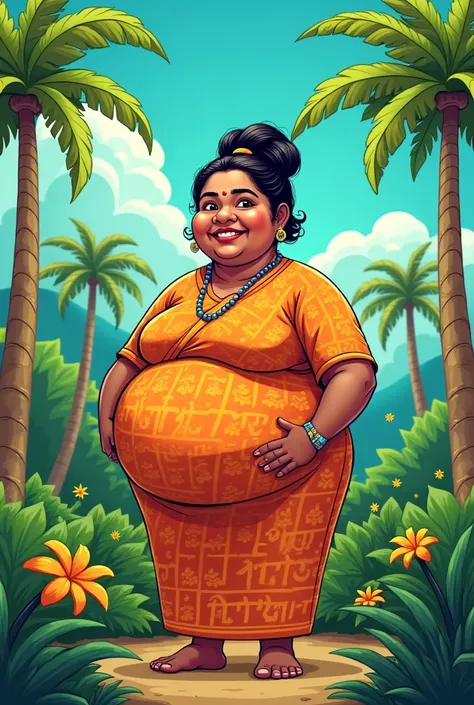 Heres a cartoon-style illustration of a cheerful, fat Sri Lankan village woman in a lush tropical setting