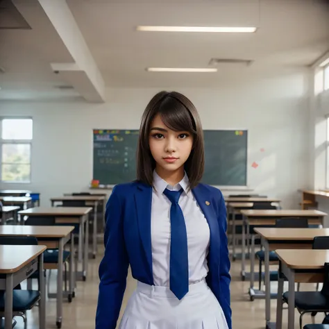 A young high school student standing upright, dressed in a school uniform. The student appears in the front view, reflecting a confident and composed posture. The scene uses vibrant, lively colors to create an energetic atmosphere. The widescreen format ca...