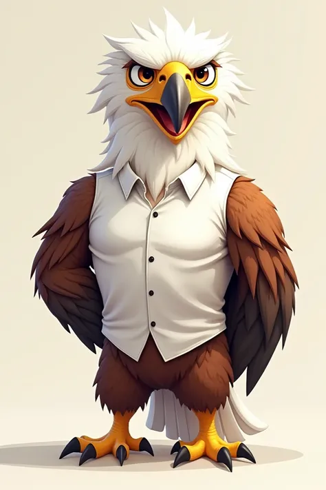 Make friendly eagle with human body animated with white shirt name Vin history plus.com  