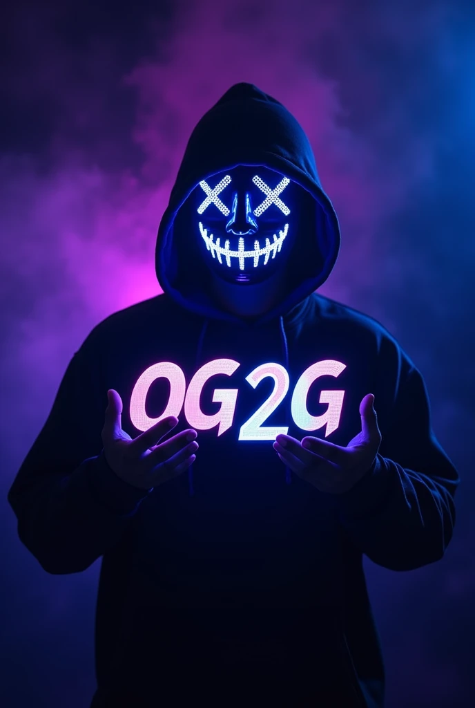 "Design a logo for OG2G featuring bold, futuristic typography with the letters OG2G prominently displayed. In the background, create a silhouette of a DJ wearing a hoodie and an illuminated LED mask23. The DJ is positioned holding the OG2G logo between the...