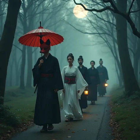 The Fox&#39;s Wedding, Procession Wearing a Fox Mask , Woman in a Solid White Kimono ,man in hakama,Woman in black kimono, Leading Man Holding a Red Tattered Umbrella,Pure Japanese style, Faintly Glowing Lantern , Walking Sideways , In the Forest with a Fo...