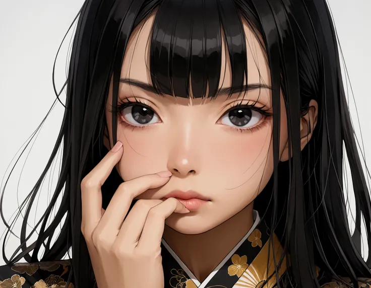 A Japanese woman with striking features on her face, black eyes with straight hair, a thin mouth and covering some of her face. 