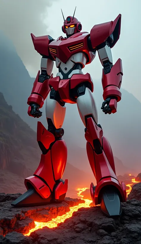 "A towering combat robot inspired by Indonesia’s red-and-white flag. The robot’s upper half is deep red, and its lower half is white, with a sleek metallic shine. Positioned on the edge of a volcano in Bali, its fists reflect the fiery glow of the molten l...