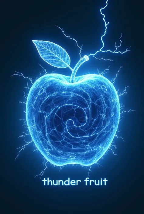 A apple, made of blue electricity with spiral designs. With text below "Thunder Fruit".