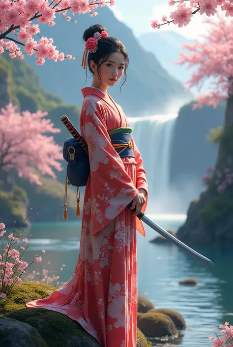 The image depicts a young woman in a traditional Japanese kimono, standing by a river with a waterfall in the background. She is smiling and holding a katana sword. The scene is set in a mountainous area with cherry blossom trees in the foreground. The ima...