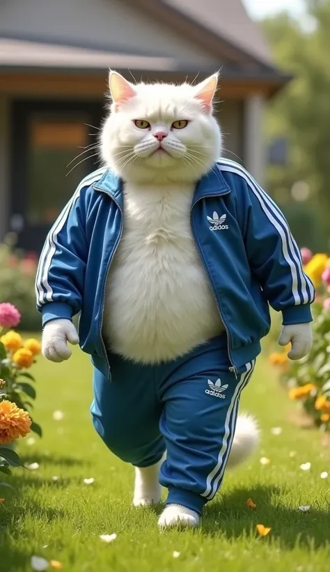 "A white cat, obese ,  anthropomorphic ,  wearing an Adidas  (pants and jacket with white stripes ), walking angrily in a well-kept garden with green grass and colorful flowers, A modern house in the background,  style sports outfit with soft sunlight crea...