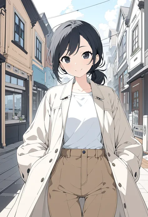  from the front,Im in a port town,Daytime,smile,whole body,Black Eyes,Black Hair,mid, best quality, super detailed,1 cute girl, black hair, short ponytail , perfection, behance hd, clean line drawing , animated illustration , ivory coat ,Brown Cargo Pants ...