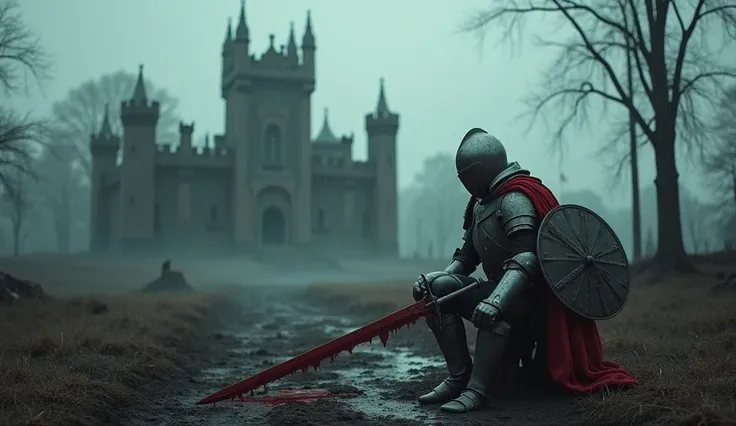 Sad knight bleeds one leg kneeling ones knee up on the battlefield ground with left hand touch on his chest and bleeding, he wear full cover face helmet, wear steel pair of full cover gloves, his armor was damaged, right hand holding a long steel sword and...