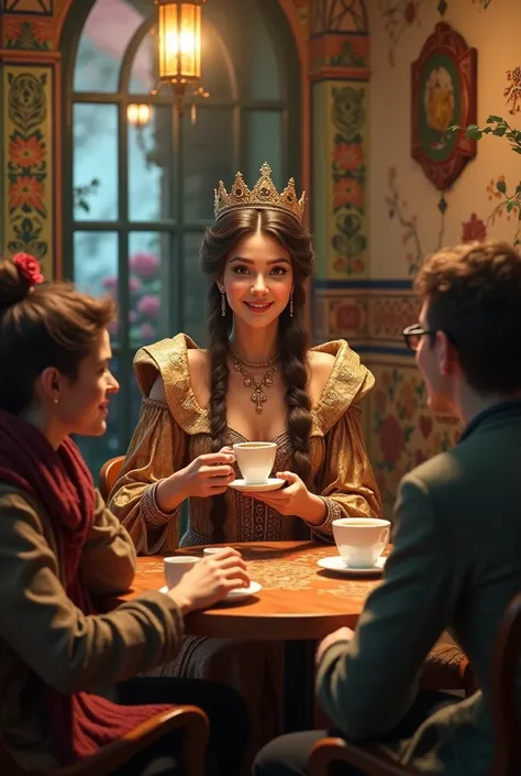 A Spanish woman , king, smiling, Mystique drinking coffee in a coffee shop with Spanish geek friends