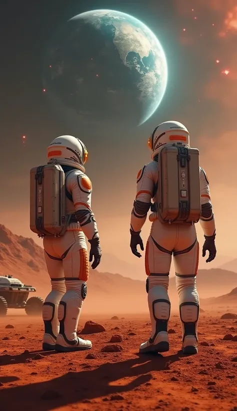  A dramatic scene on the surface of Mars . Two fully equipped astronauts ,  with white spacesuits and orange and silver details ,  are standing on an arid Martian terrain full of red rocks and dust .  One of them points to the sky while the other stares in...