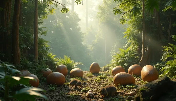 "An ancient scene of Earth ,  portraying the first mammals and oviparans in their natural habitat . In the foreground,  small furry mammals are exploring dense vegetation , some looking similar to rodent lizards and others like small marsupials . next to, ...