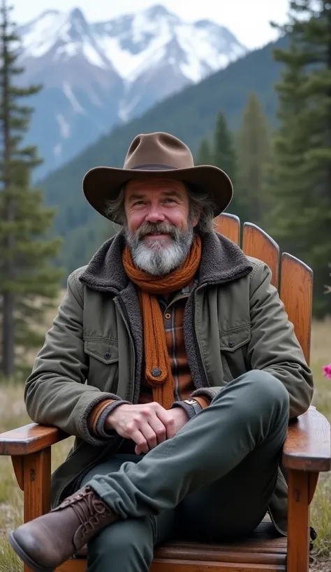 A rugged man sitting outdoors in a scenic mountainous setting, wearing a cozy jacket, scarf, and a wide-brimmed hat, with a confident and content expression. He is  in one hand while casually resting his booted feet on a wooden chair. The backdrop shows a ...