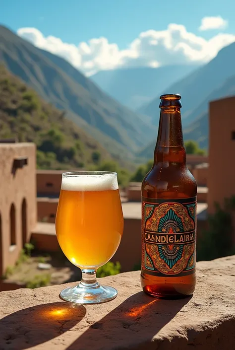  Creates a Peruvian setting where a screen-printed craft beer entitled "candelaria". The landscape will be Peruvian in the background and a person drinking beer 
