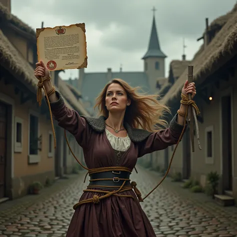 (photorealism:1.2), pretty Joan of Arc tied by rope to a stake, holding up a royal certificate