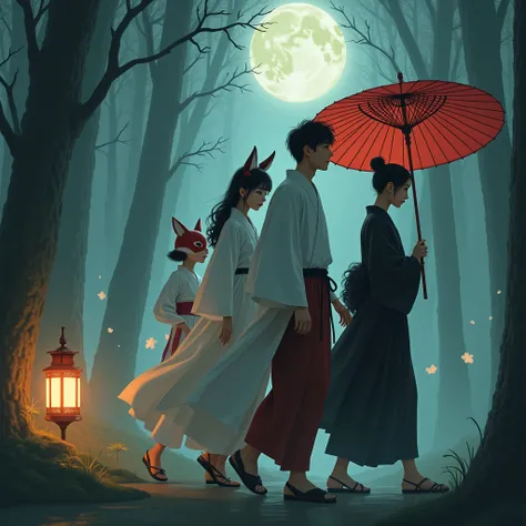 The Fox&#39;s Wedding, Procession Wearing a Fox Mask , Woman in a Solid White Kimono ,man in hakama,Woman in black kimono, Leading Man Holding a Red Tattered Umbrella,Pure Japanese style, Faintly Glowing Lantern , Walking Sideways , In the Forest with a Fo...