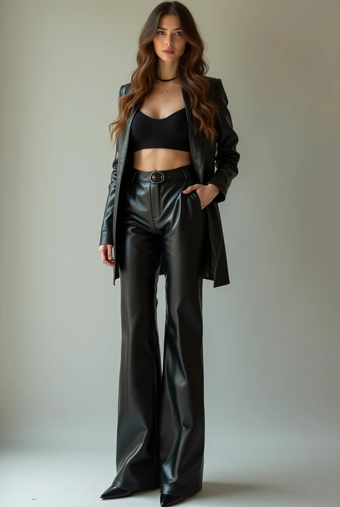 There is a man and a woman match
This style is、   Smooth leather wide pants in trendy black   。
(realism:1.2), (Full body photo) beautiful, amazing, gorgeous, amazing woman, long brown hair,  green eyes ,  Slim Legs , Soft features , meditation,  Skinny hi...