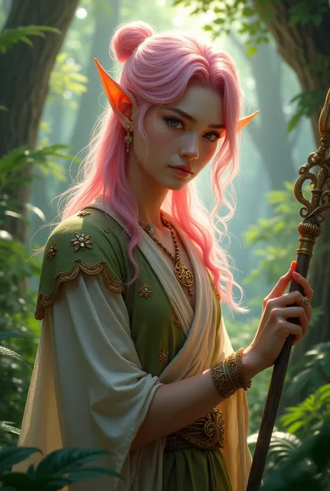 Male forest elf with pink hair and Asian features