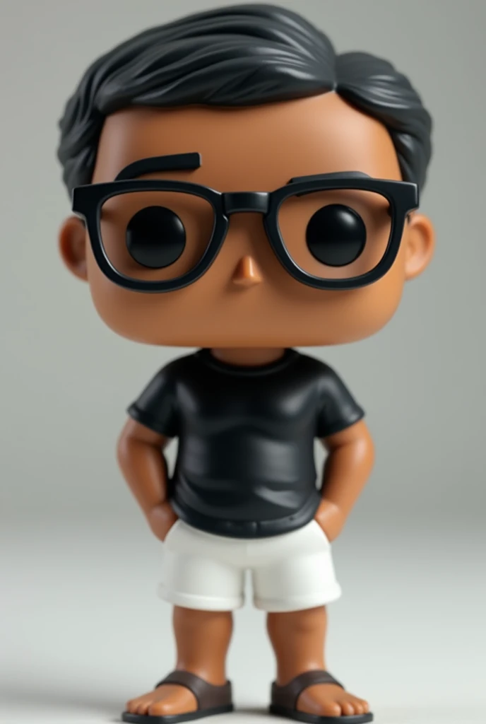  Make me one,funko pop, that it is an adult male  
,with the color brown and , that he wears prescription glasses and , that he wears a black t-shirt and white shorts and, that he has very short hair and black 