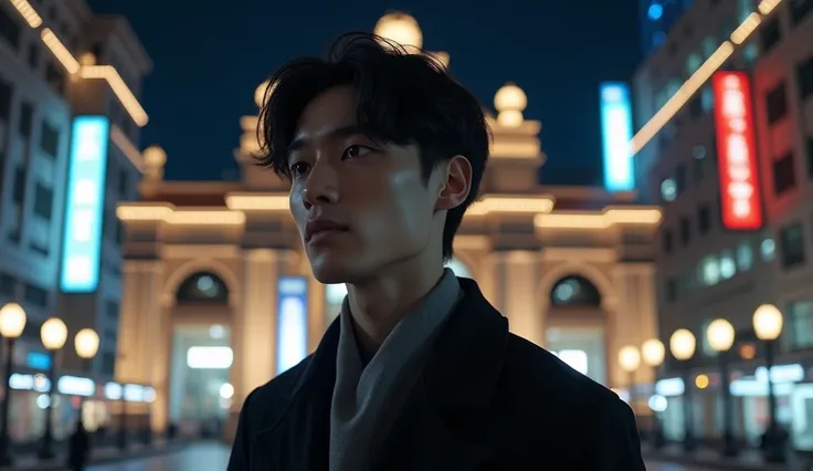 Japanese, 23-26, Handsome man,  fair skin, black eyes（thin eyes 1：3), (Super detailed, best quality, 4K, High resolution, masterpiece:1.3)  ，Japan, tokyo station as background, night