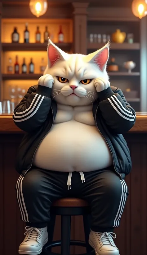 An anthropomorphic obese white cat , with a serious expression,  sitting at a bar in a cozy atmosphere .  He wears a sports outfit with a black jacket and pants with white stripes,  in addition to stylish sneakers .  The bar in the back has a shelf with se...