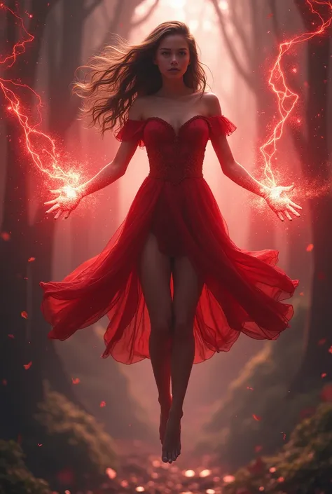 A girl levitating with red crimson magic bolts Levitating in her hands