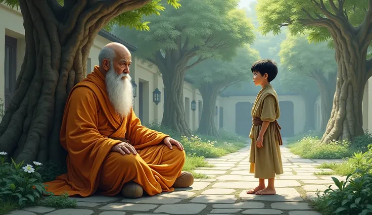 An elderly master monk sits cross-legged under a large, ancient tree, wearing orange robes with a calm expression. A young adult man monk with a lean build, short black hair, and a clean-shaven face approaches and sits nearby. The young monk has a simple, ...