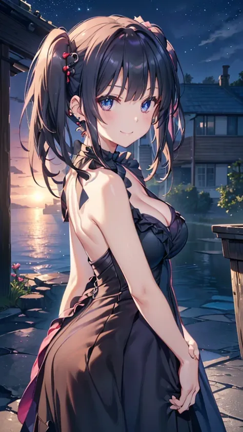 (8k、 Higher image quality、 highest quality 、  masterpiece )、  detailed face,giant breasts、1 、 black hair、(( twintails))、short bangs, glowing eyes 、(( Big breasts :1.5)),punk lasts:1.2,((evening dress:1.5)),(( cleavage,diving, during,piercing no umbigo))、 c...