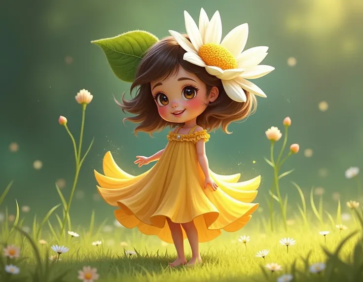 A character for a computer game. A girl with a skirt in the form of chamomile petals and a hat in the form of a daisy flower.