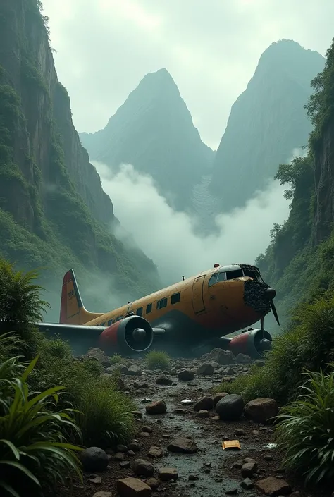  Create an image of a plane crash involving a small twin-engine plane,  on a mountain in the Venezuelan Andes , in cloud jungle 